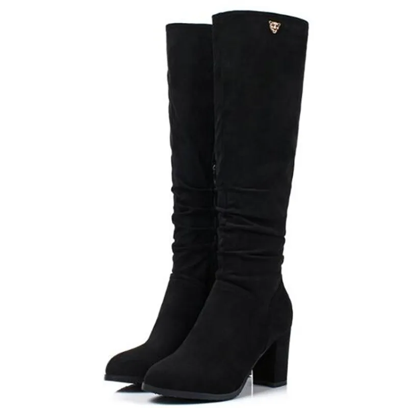 Women Boots Autumn and winter New style fashion Suede Round head Coarse heel knee length High Boots plus size 34-43