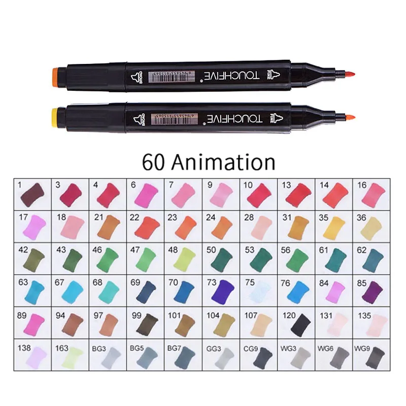 BLACK-60ANIMATION TOUCHFIVE 168 эскиз маркеры кисти ручки набор манга цветные маркеры набор двойная головка художественный поставщик краски ручка маркер для рисования для студентов - Цвет: BLACK-60ANIMATION