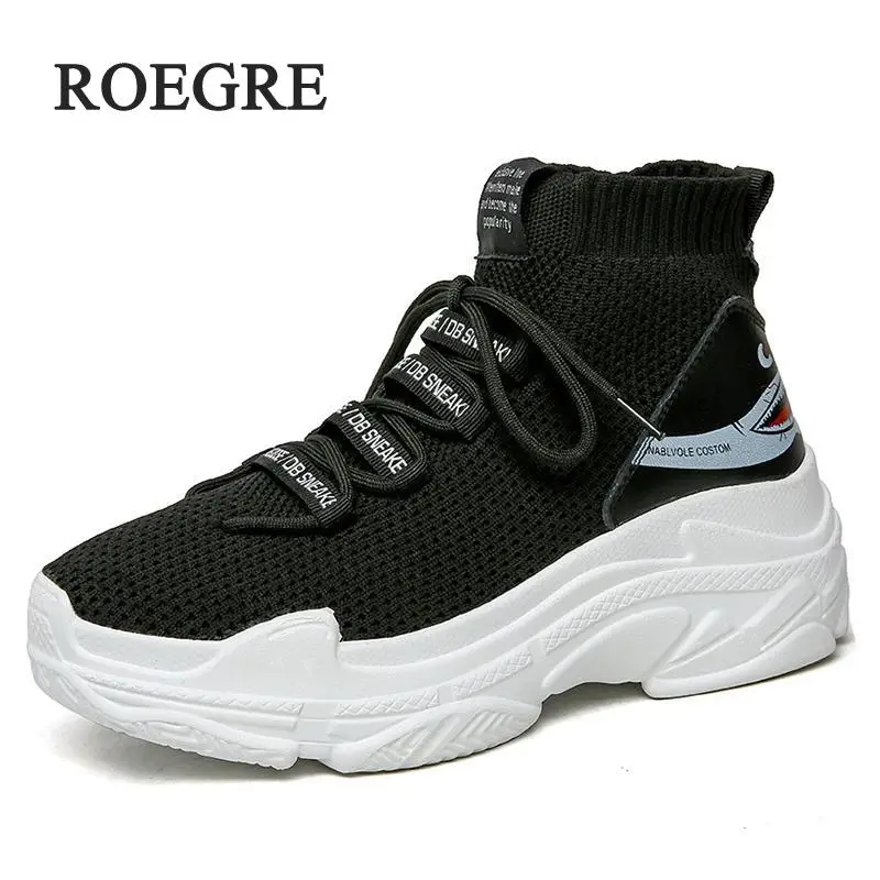 Повседневная обувь с высоким берцем и логотипом «Акула»; женские вязаные дышащие носки; модная обувь на толстой подошве 5 см; sapato feminino; Цвет черный, белый