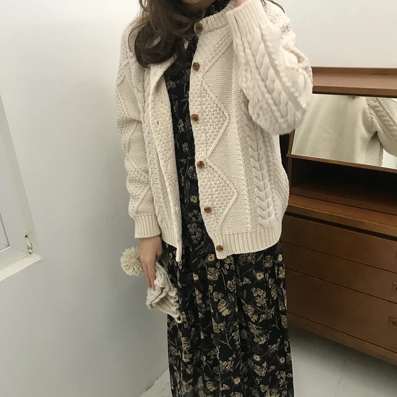HziriP 2018 New Thick Twist Cardigan Sweater Autumn Winter Women Loose Knitted O-Neck Long-sleeved Female Sweaters Tops Solid |