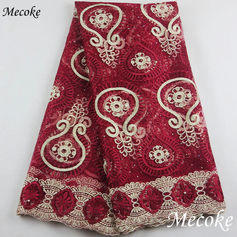 2017 новое поступление красный цвет вышивка чистая африканская кружевная ткань