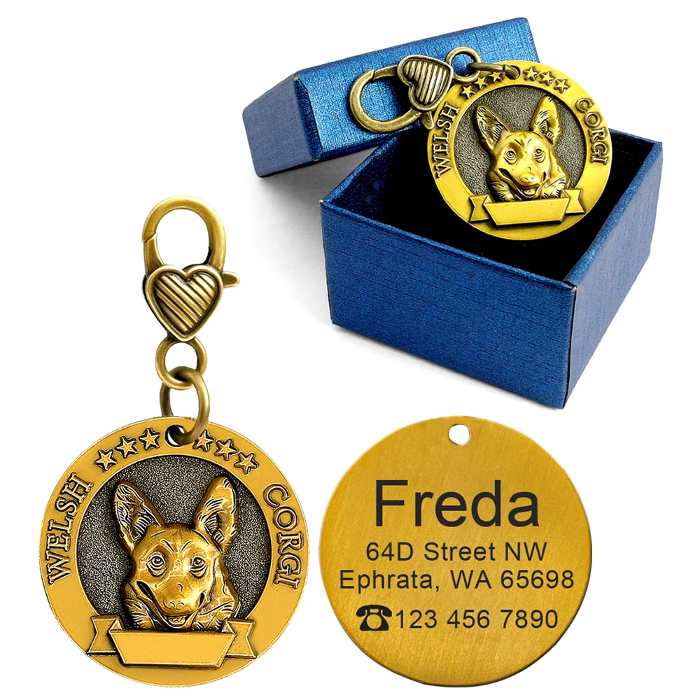 Welsh Corgi Идентификационная бирка для собак, выгравированные персонализированные металлические бирки для домашних животных, бирки для щенков, кошек, идентификационные бирки, ошейник, аксессуары для собак, ожерелья, подвески - Цвет: Welsh Corgi