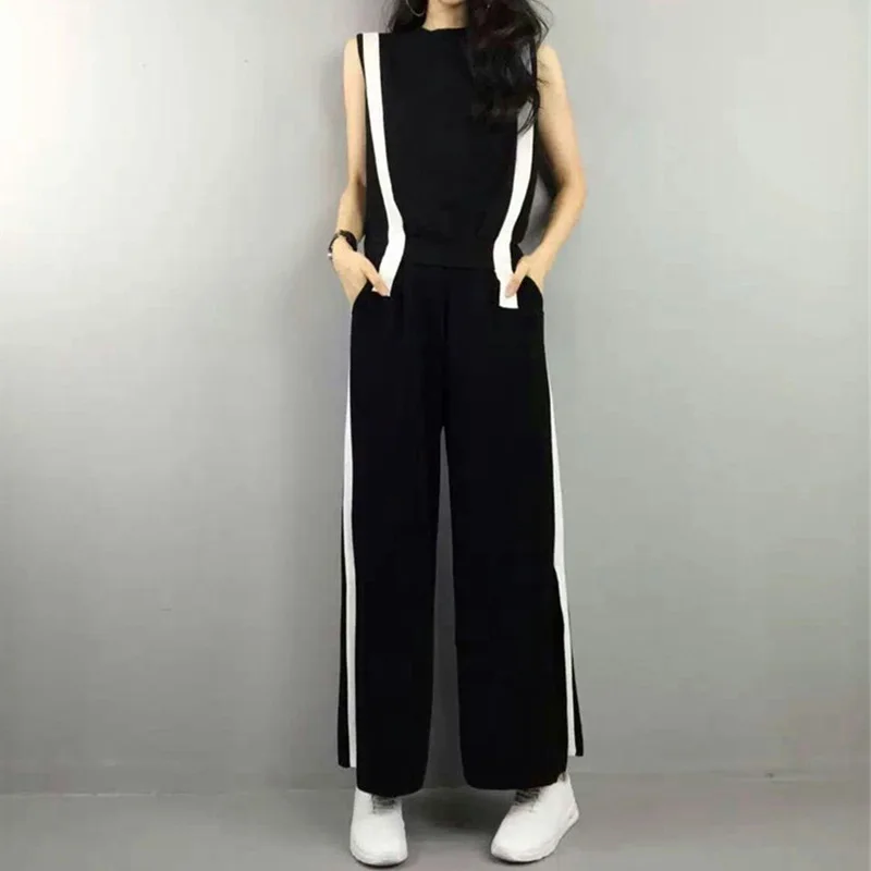 CHICEVER 2017 Summer Two Pieces Set Women Slim Sleeveless T shirts +Elastic Waist Split Sexy Casual Plus Size Female Pants|two piece set women|piece