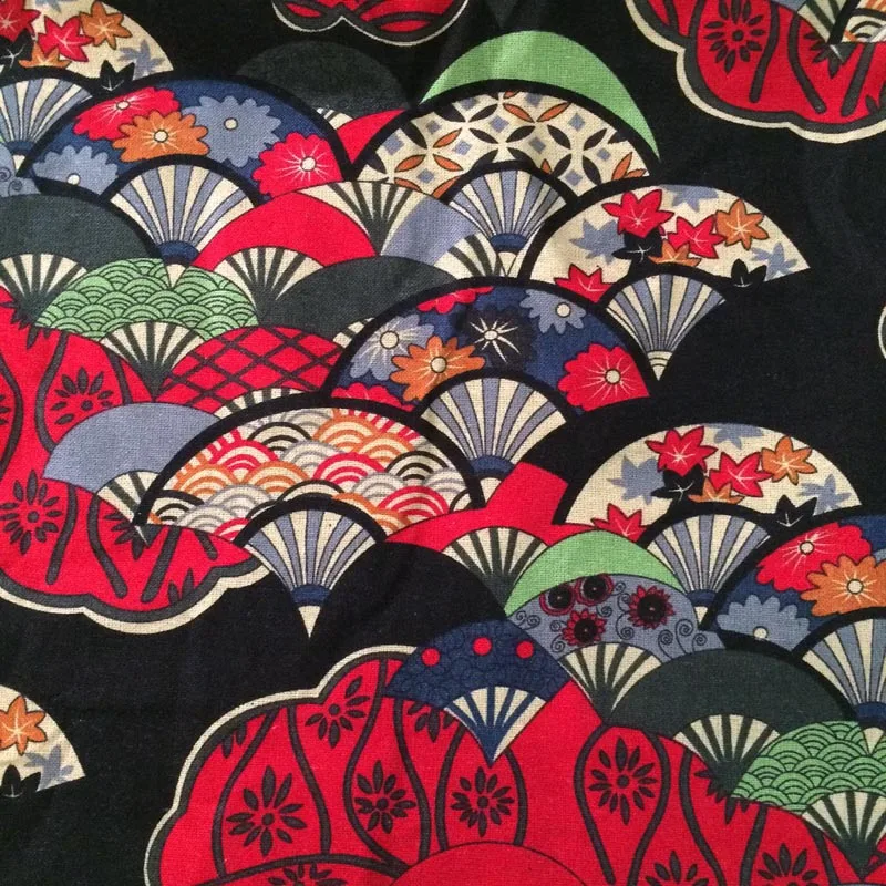 

cotton linen fabrics cloth scalloped flower folk black fan Japanese style for DIY home decoration apparel handmade tablecloth
