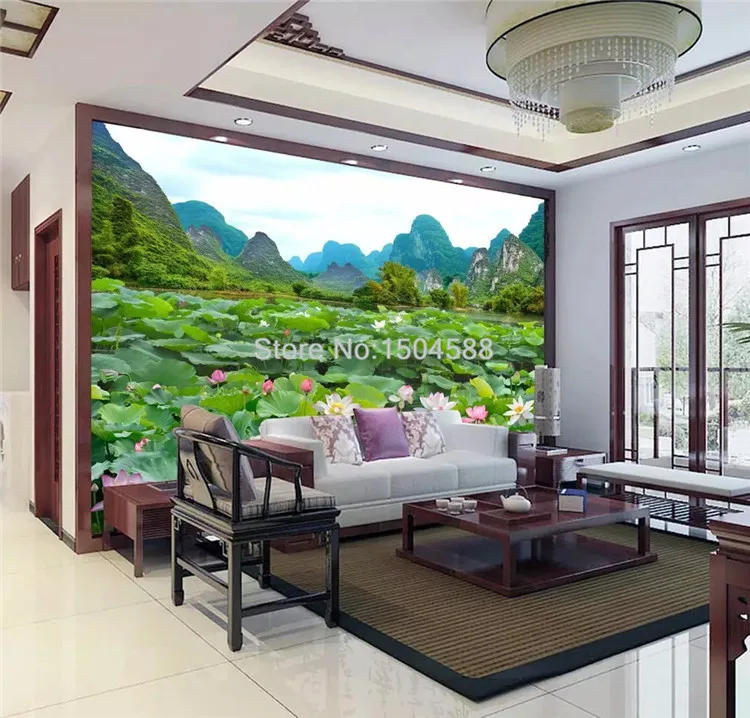 Custom Any Size Murals Wallpaper 3D Beautiful Mountains And Rivers Lotus Pond Landscape Photo Wall Painting Living Room 3D Decor