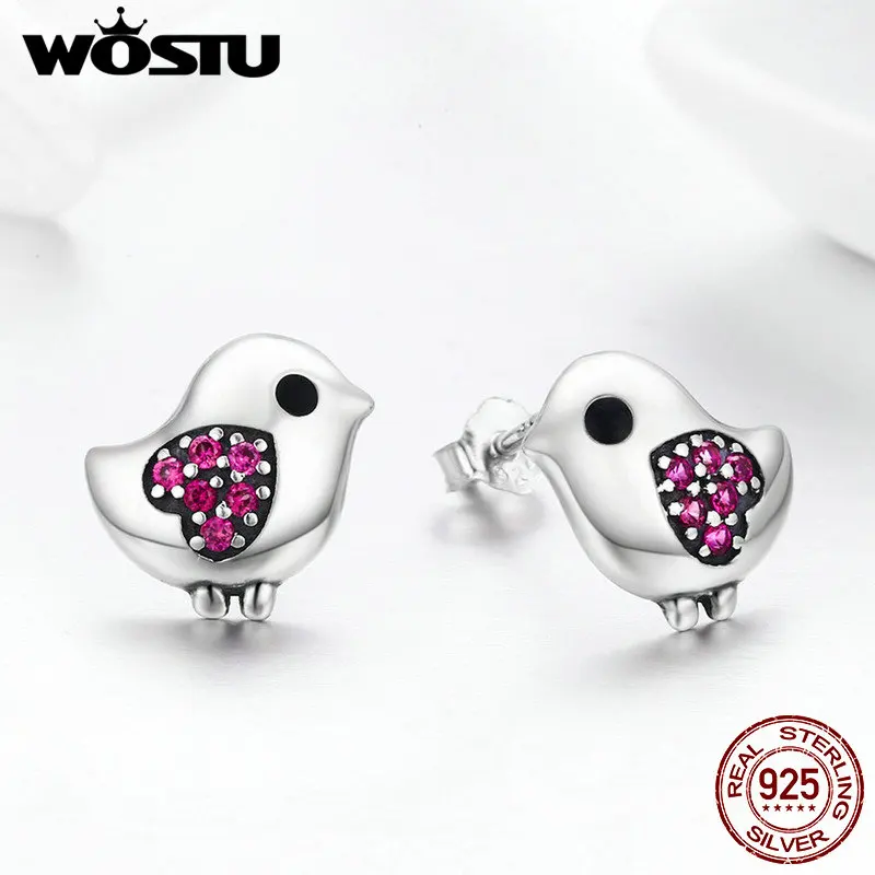 WOSTU 100% Стерлинговое Серебро 925 пробы милые маленькие серьги-гвоздики в виде птицы