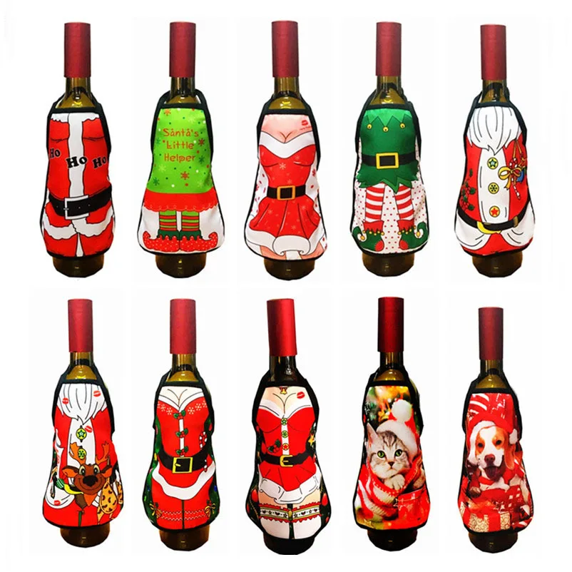 New Arrival 2pcs/set Mini Christmas Apron Bottle Cover For Home Decor Wine Decotation Festival Supplies11Colors | Дом и сад
