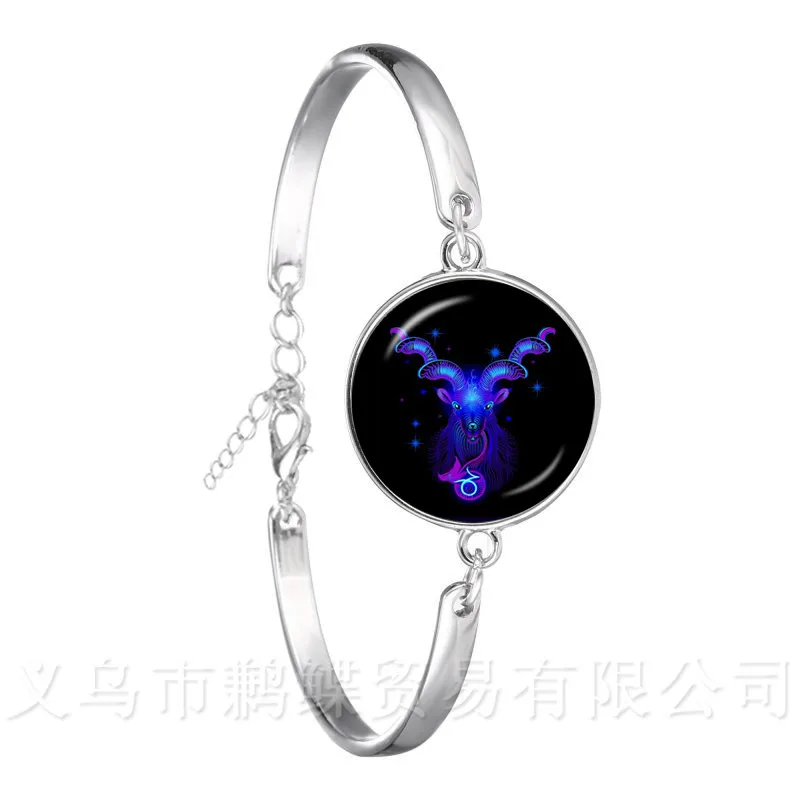 New 12 Zodiac Signs Bracelet Retro Twelve Constellations Cabochon Glass Time Gem Silver Plated Chain Bangle For Gift | Украшения и