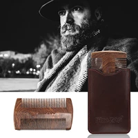 portable dual action sandalwood moustache beard comb with leather case for men father day valentine day birthday brown