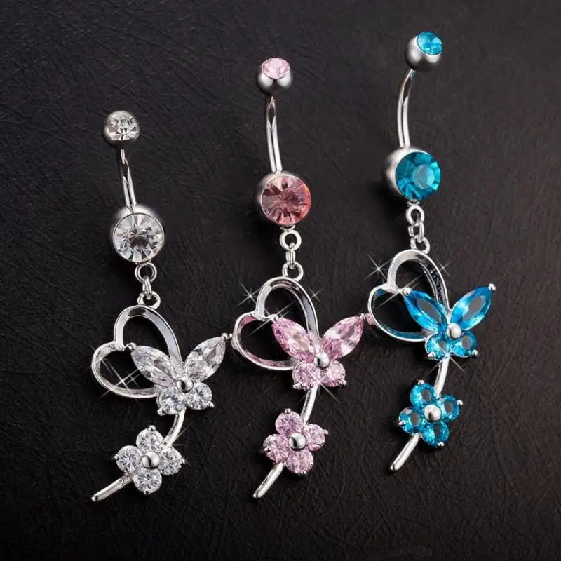

Rhinestone Butterfly Belly Rings For Woman Fashion Body Piercing Heart Navel Ring Jewelry 316L surgical steel bar Free Ship