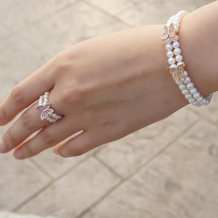 Двухжильный браслет и двойные кольца Ювелирные наборы натуральный жемчуг