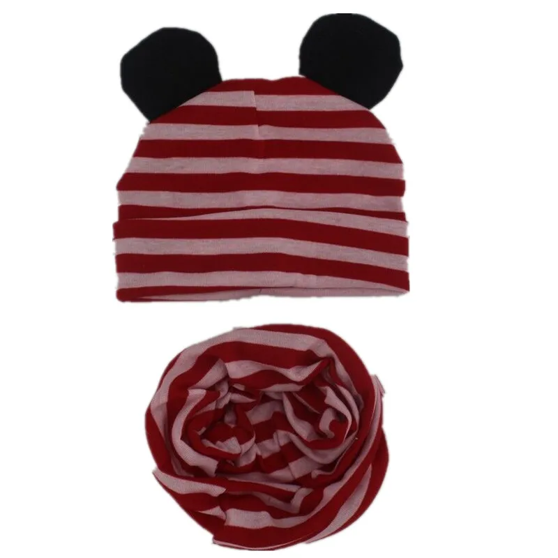 red stripe black ear Хлопковый Детский комплект из шапки и шарфа, детские милые шапки с ушками, высококачественные шапки и шарфа для мальчиков и девочек, детские шляпы, реквизит для фотосессии - Цвет: red stripe black ear