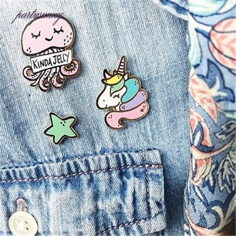 PF Детски Мультфильм Брошь Шарм Единорог Значки Эмали Pin Одежды Платье Мешок
