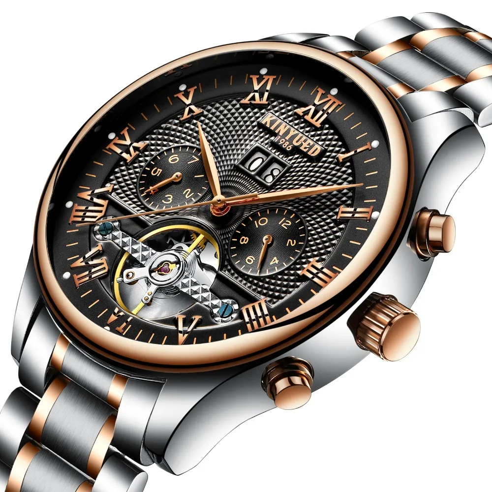 Мужские часы KINYUED Skeleton автоматические водонепроницаемые механические Flying Tourbillon