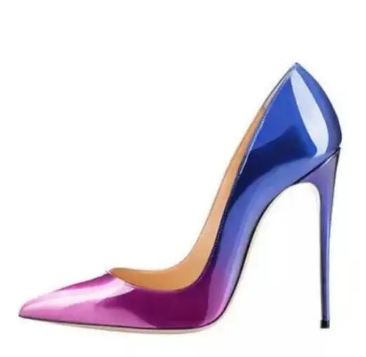 Spring Gradient Color Patent Leather Women Fashion Wedding Shoes Sexy Pointy Toe Ladies 12CM Stiletto Elegant Pumps