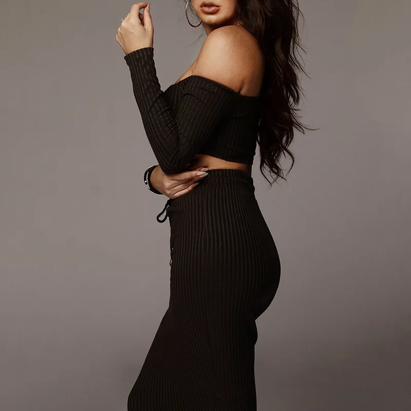 2019 Sexy Off Shoulder Bandage Dresses Womens Long Sleeve Backless Two Piece Set Dress Spring Bodycon Party Vestidos | Женская одежда