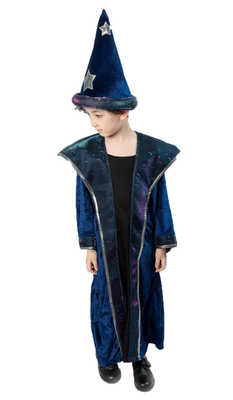 Kid Boys Girls Halloween Magician Wizard Costume Funny Dress Maxi Gown Robe Hat Set Party Performance Clothing For Little Chid |