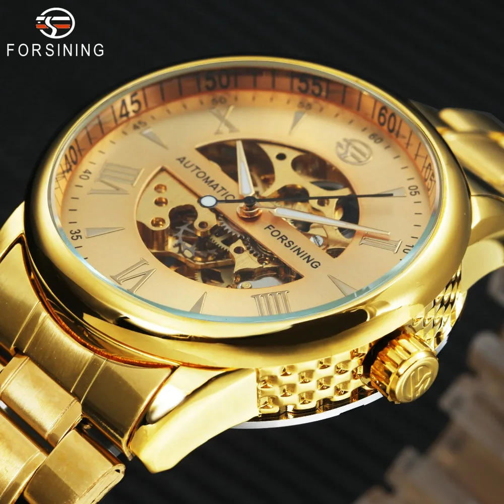 Золотой Для мужчин автоматические механические часы полный Сталь ремешок скелет