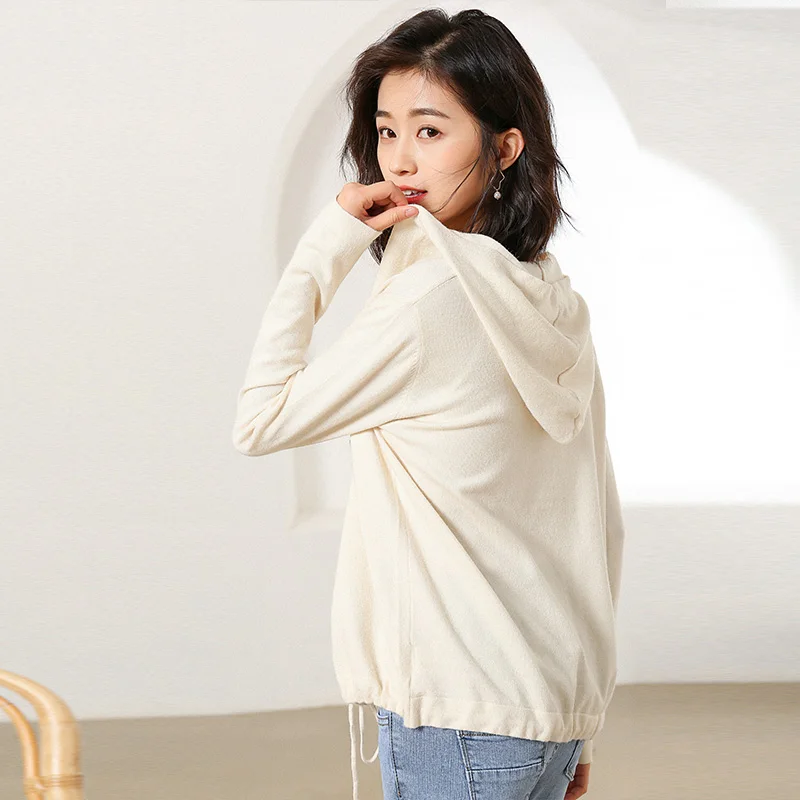 Женский шерстяной кардиган с капюшоном свободный свитер и длинными рукавами