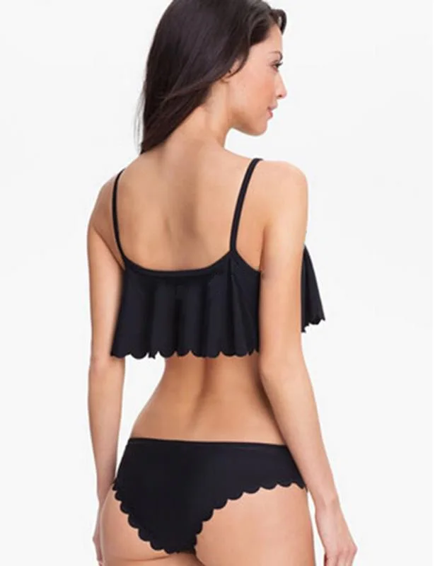 Новое Бразильское бикини с оборками черное мягкими чашечками укороченный топ