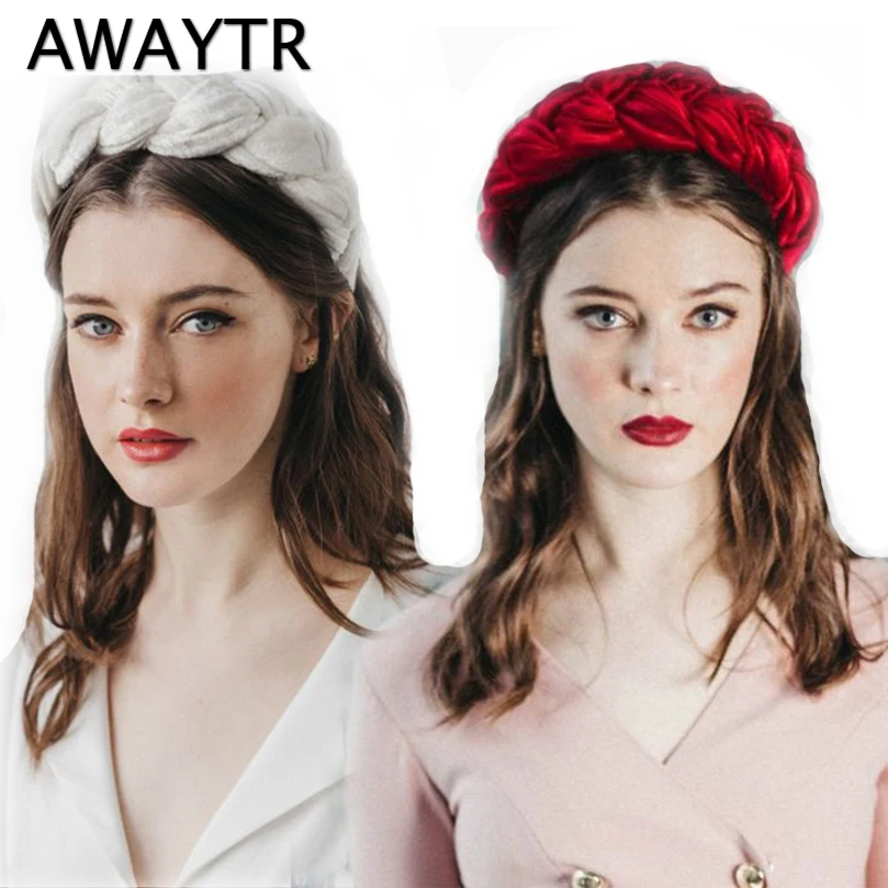 AWAYTR 2021 New Velvet Hairband For Women Ladies Headband Solid Color Braid Hair Loop Retro Headwear Female Hair Accessories