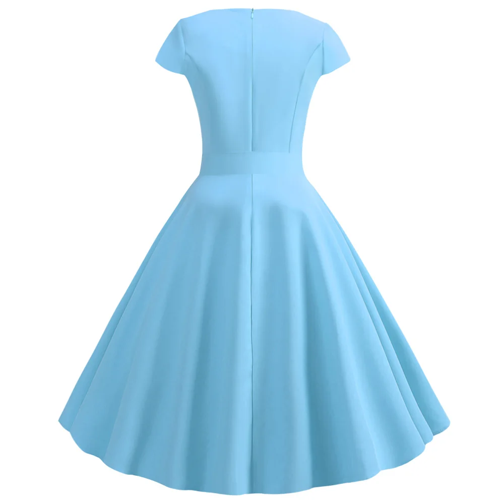 Kenancy 10 Colors Solid Summer Women Retro Dress V Neck Short Sleeves High Waist Vintage 60s Rockabilly Party Vestidos | Женская одежда