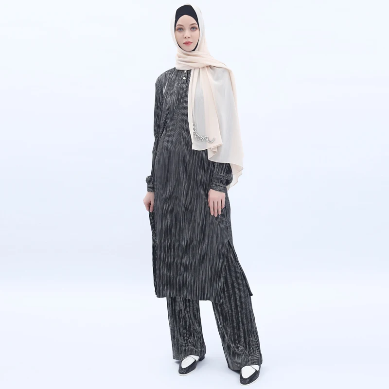 Abaya Турция Дубай мусульманский Женский комплект из двух предметов Плиссированные Длинные топы и брюки турецкая исламская одежда сорочка Longue Femme Musulmane