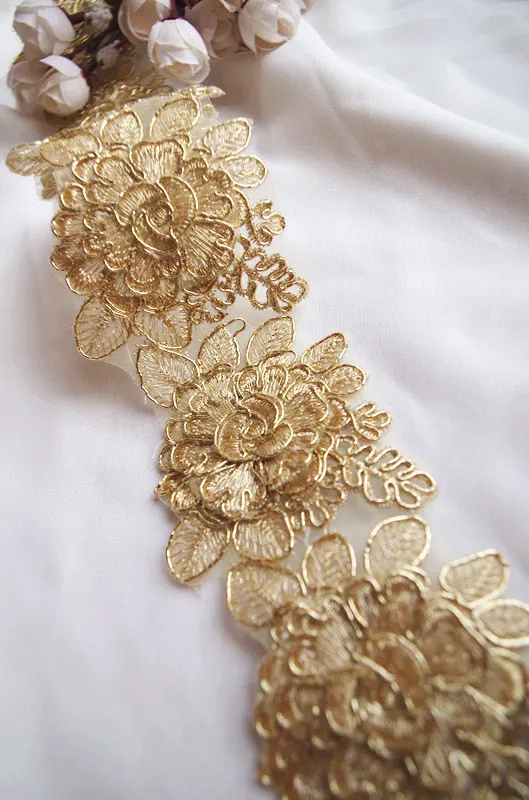 

3 yards Gold Cord Lace Trim Gold Alencon Lace Trim 3D Rose