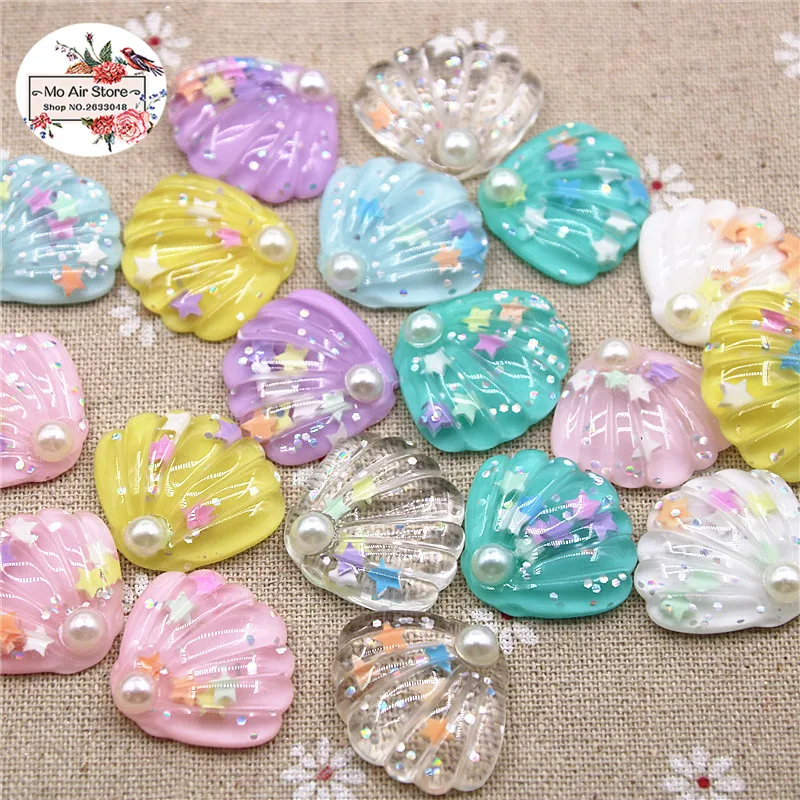 10 шт. полимер блестящий красочный Жемчуг seashell Flatback Кабошон DIY волос Лук Центр Скрапбукинг Ремесло 29x25 мм