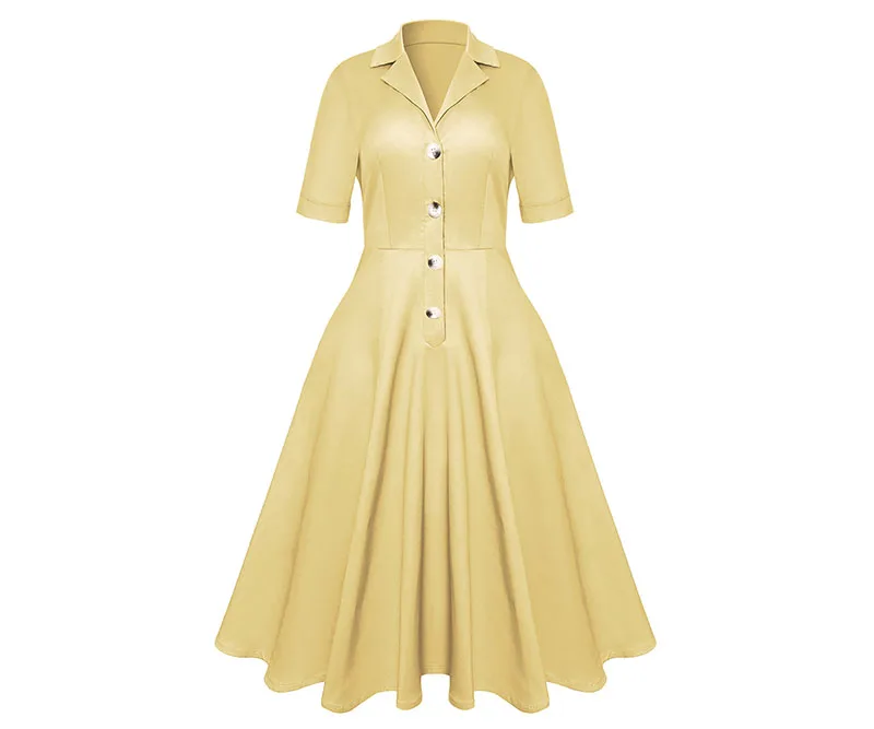 Yellow dress Женское винтажное ТРАПЕЦИЕВИДНОЕ шикарное платье-рубашка с желтой пуговицей, обтягивающее дышащее элегантное платье в стиле ретро для выпускного вечера для девушек, офисное Дамское Платье - Цвет: Yellow dress