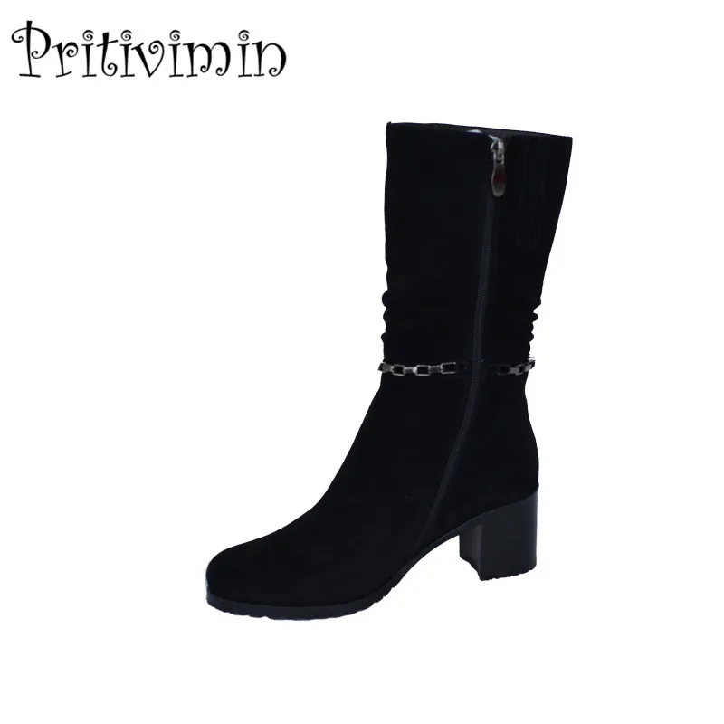 Женские замшевые сапоги до колена теплые меховые ручной работы на каблуке 2018|knee