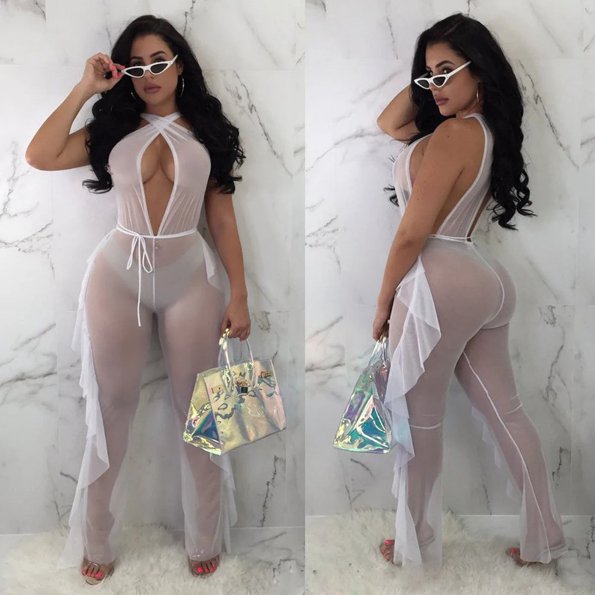 Hirigin Sexy Mesh Bikini Cover Up Women One Piece Jumpsuit New Bandage Solid Beach Outwear Suit Summer Ruffles Bathing Suit