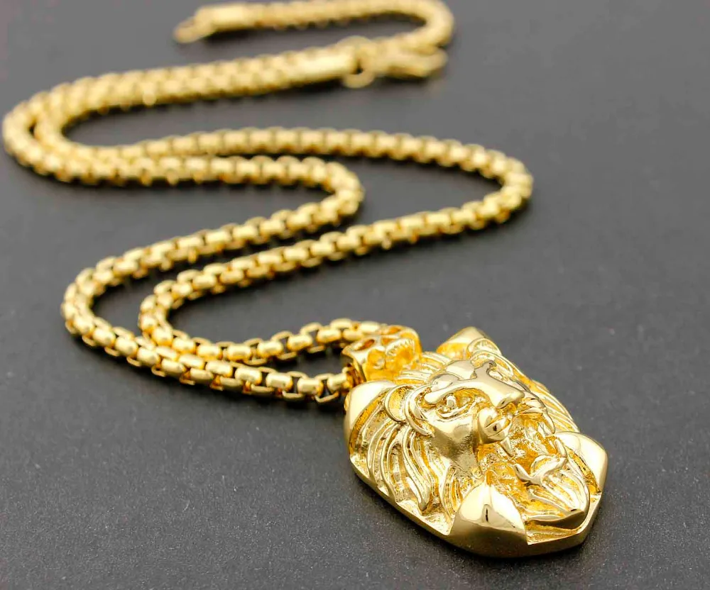 Байкерская Золотая нержавеющая сталь голова льва Мужская Подвеска Ожерелье |