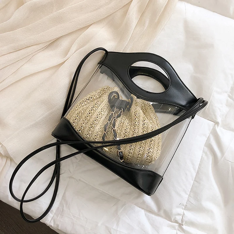 Женская прозрачная Летняя сумка из искусственной кожи + соломенная плетеная