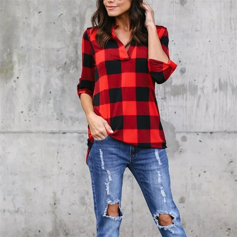 

Women Plaid Shirt 2018 Fashion Long Sleeve Women Blouse Shirt V Neck Casual Blouses Tops Tee Ladies Top Blusas Plus Size 5XL