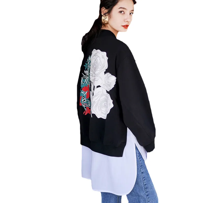 2020 Spring Loose Black Jacket Women Fake Two Pieces Coat Female Vintage Harajuku Japanese Streetwear Rose Baseball Clothes C56 | Женская