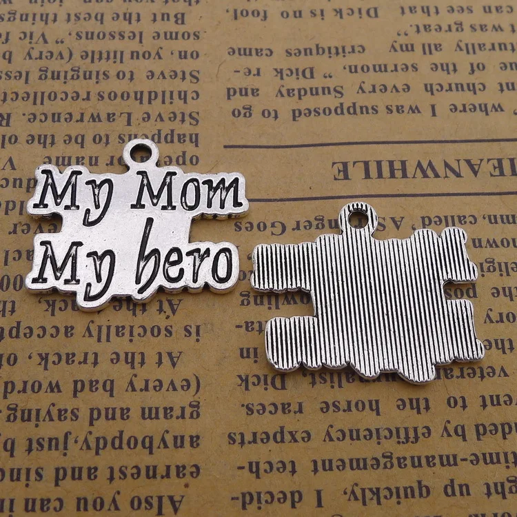 

6 pcs 20*23mm Antique Silver plated charm My mom my hero charm pandent for jewelry making DIY bracelet necklace Hot selling