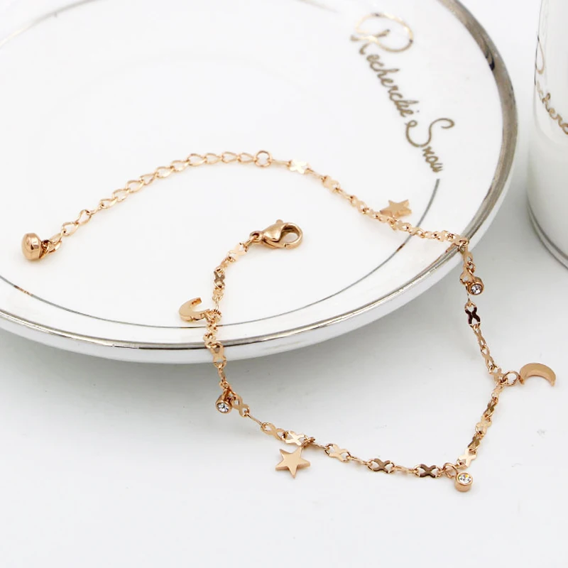 

New Cute Beautiful Star Moon Crystal Anklet Titanium Steel 8 Shape Chain Rose Gold Woman Jewelry Length 20cm+5cm