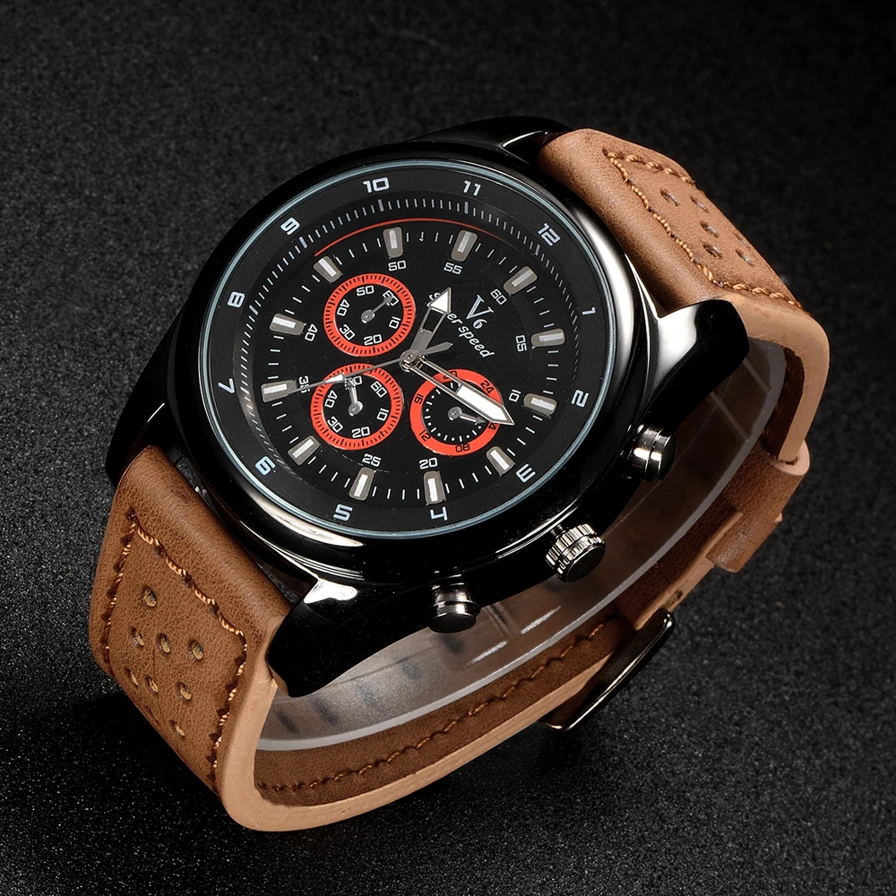 Модный Топ V6 бренд Мужские кварцевые наручные часы кожаный ремешок черный корпус