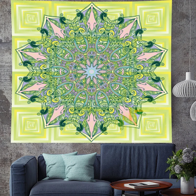 Индийский гобелен с мандалой настенный зеленый макраме цветок плед коврик
