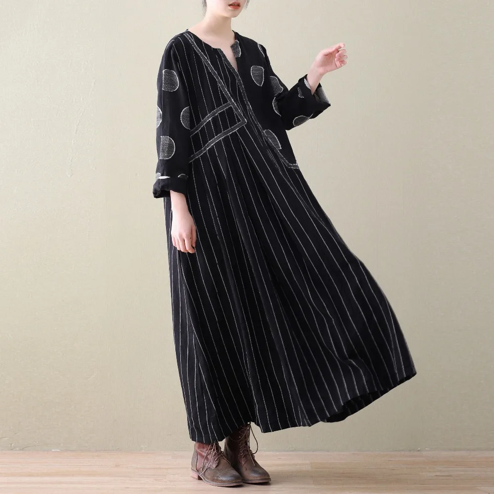 2018 New Spring Women Cotton Linen Dress Patchwork Long Sleeve Striped Dots Casual Vintage Robe Plus Size Clothing | Женская одежда