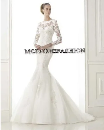 Latest design long-sleeved high-necked lace fishtail bridal dress | Свадьбы и торжества