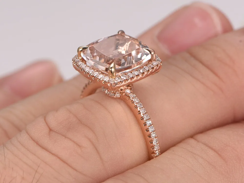 Myray морганит Обручение ring9x9mm Подушки Cut Stone 14 К золото Diamond Band Юбилей подарок