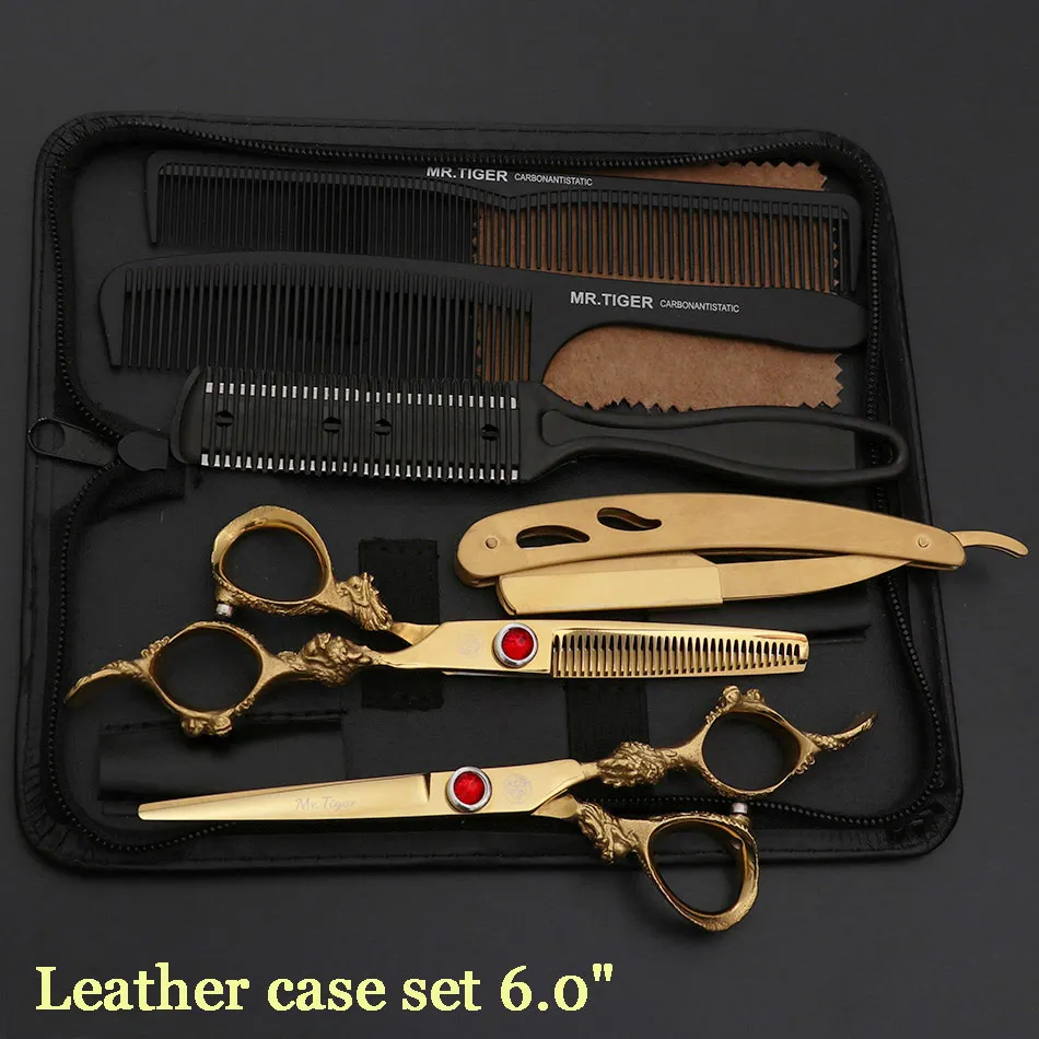 leather case set Высококачественные ножницы для стрижки волос, Профессиональные парикмахерские ножницы, профессиональные ножницы для стрижки волос, набор ножниц 5,5 6,0 - Цвет: leather case set