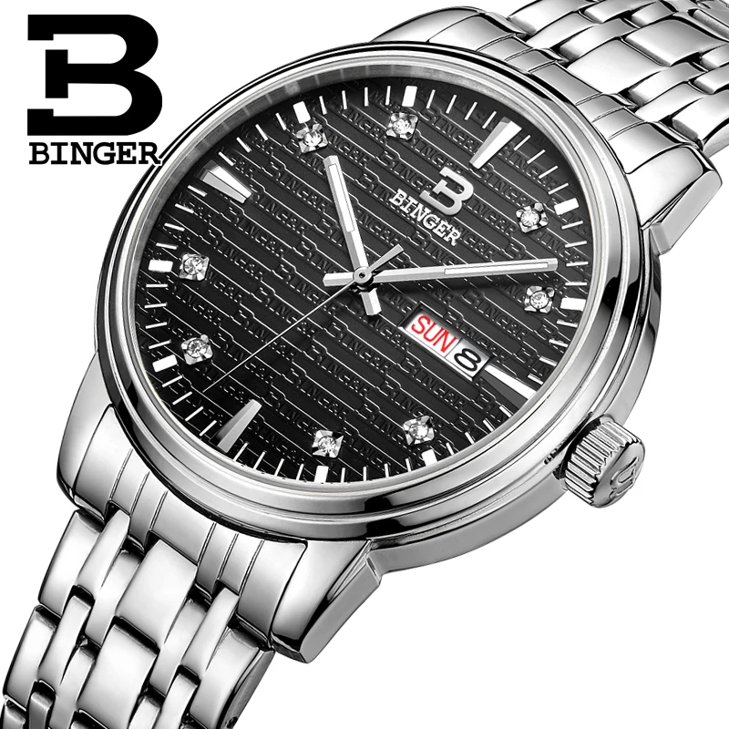 Роскошные мужские кварцевые часы бингера полностью стальные золотые с кожаным