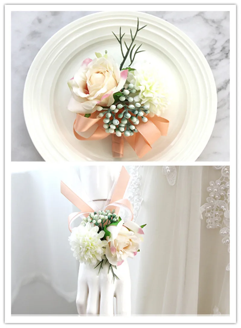B 1 комплект наручный цветок+ корсажи бутоньерка роза цветок на руку для подружки невесты Свадебный танец шелковая лента искусственный цветок манжеты браслеты - Цвет: B