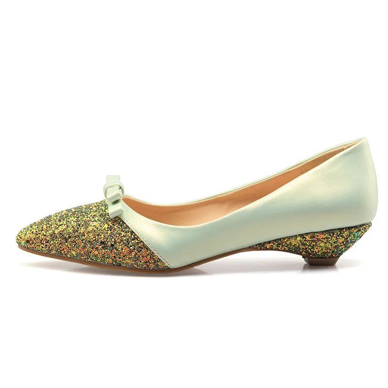 light green Роскошные туфли на низком каблуке размера плюс повседневные женские туфли-лодочки с острым носком и блестками модная женская офисная обувь розового цвета с милым бантом - Цвет: light green