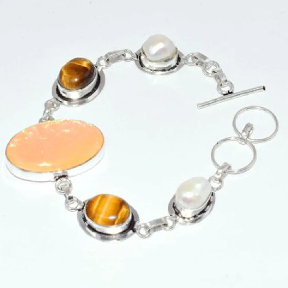 

Dichroic Glass & Tiger Eye & Pearls Bracelet Silver Overlay over Copper , 19.3 cm, B3585