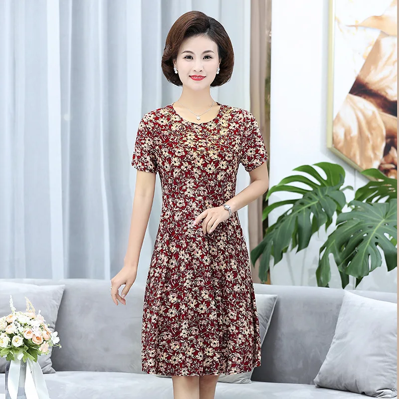 Summer Middle-aged Mother dress Loose Comfortable Flower Print Round Neck Short Sleeve Plus Size 4xl 5XL Women printed Dress Женская