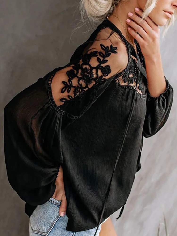 Блузка женская с V-образным вырезом повседневная Прозрачная Кружевная сетчатая
